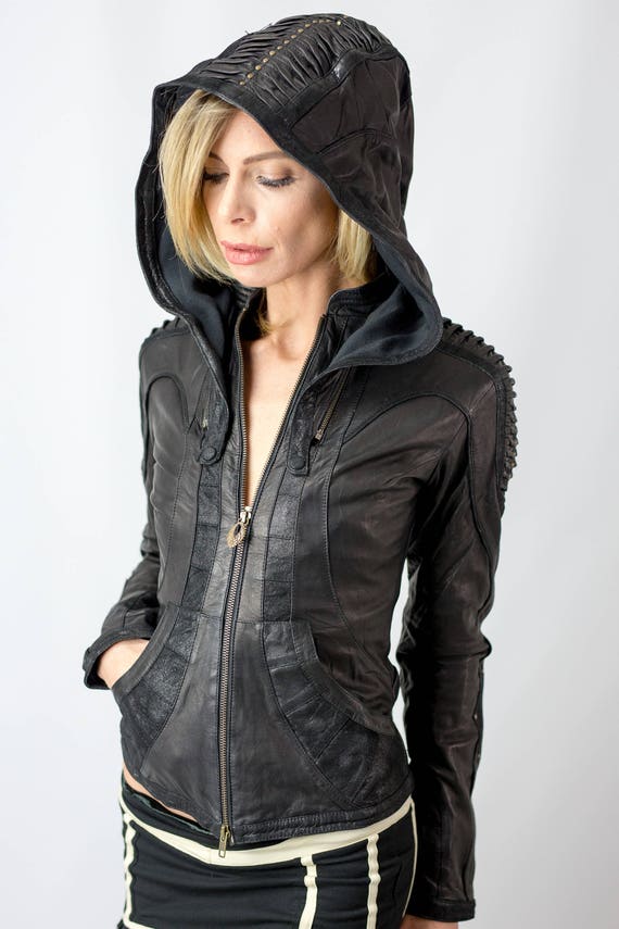 womens leather jacket with sweatshirt hood