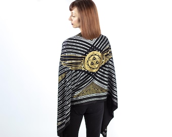Cymatic Unisex Shawl Scarf Head Wrap Bamboo Satin Eco-Fiber Screen Printed Handmade Black Gold Silver White One Size
