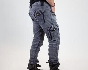 Rider Men's Pants Stretch Denim Twill Leather Brass Skull Handmade Black Sandwash Honey Brown Acid Wash Grey 32-38