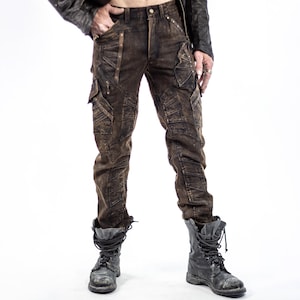 Men's Chisel organic stretch denim/leather Pants | Burner pants | Men's Burning Man pants | post apocalyptic pants | Biker pants | Festival