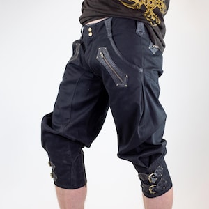 Men&#39;s Rackam long Shorts stretch denim leather- Burning man| festival clothing| pantaloons| pirate pants