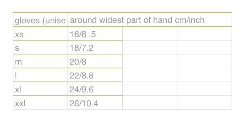 K&ouml;nnte beinhalten: Eine Tabelle mit den Gr&ouml;&szlig;en von Handschuhen in Zoll und Zentimetern. Die Tabelle listet die Gr&ouml;&szlig;en XS, S, M, L, XL und XXL mit den entsprechenden Ma&szlig;en in Zoll und Zentimetern auf.