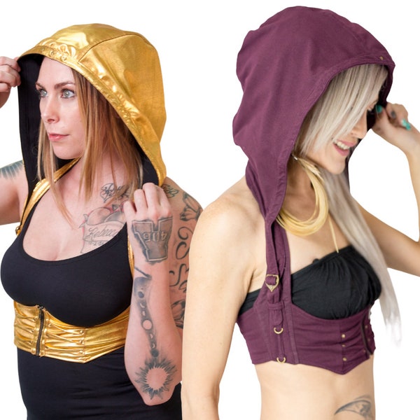 Women's Huntress Hood | Organic Cotton | Burning Man Vest | Belly dance top | Costume top | Festival vest | Hooded vest |