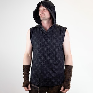 Further Black Mens Vajra Hooded Tank Top - leather| organic| burning man| handmade| festival clothing| mens fashion
