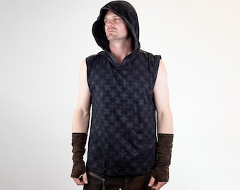 Verdere herentanktop met capuchon biologisch katoen en bamboemix leer Vajra zeefdruk handgemaakt zwartgrijs chocoladezand S-XL