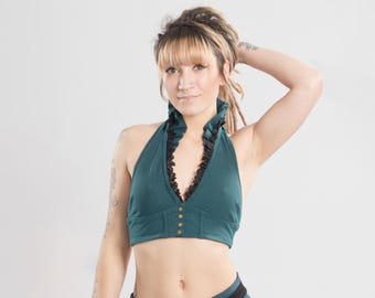 Womens Baru Organic Cotton Bra Top- burning man| eco-friendly| handmade| festival wear| chain| high collar| victorian| lace| sand