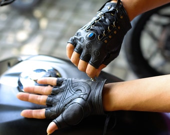 Elysian fingerlose Lederhandschuhe- Unisex | Stein | Brennerabnutzung | Handarbeit | Kostüme | schwarz | Messing