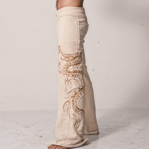 Mens Om Ryuu Terry Pant- organic| eco-friendly| yoga| festival| casual| handmade| dragon| zipper pocket|
