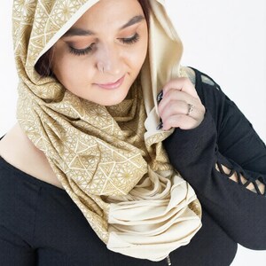 Infinobi Unisex Wrap Shawl Dust Mask Infinity Scarf Headwrap Stretch Fabric Screen Printed Handmade Black Gold Cream Wine Gun Metal Blue image 5