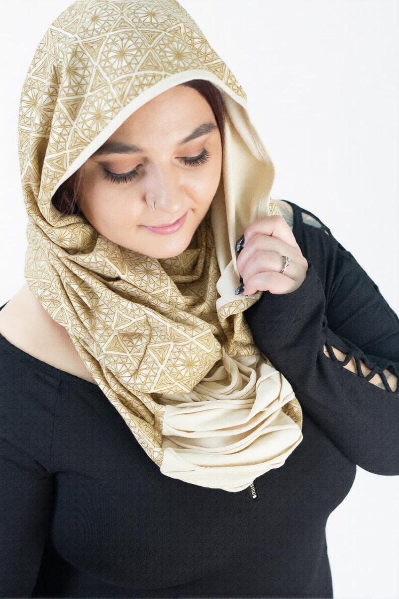 Infinobi Unisex Wrap Shawl Dust Mask Infinity Scarf Headwrap Stretch Fabric Screen Printed Handmade Black Gold Cream Wine Gun Metal Blue image 5