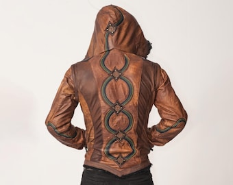 Men's Rainbow leather Serpent vest Jacket- versatile| burning man| festival  wear| chakra| rainbow| hood| faux fur|