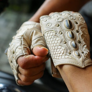 Sky Rider fingerless Leather Gloves- Unisex | python | festival wear | handmade | cosplay |  brass