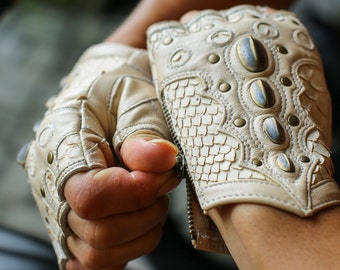 Sky Rider fingerless Leather Gloves- Unisex | python | festival wear | handmade | cosplay |  brass