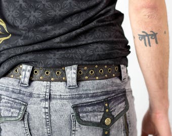 Python Leather Unisex Belt Handmade Black Small Large Brass Buckle Star Lotus Old Crow Third Eye Serpent