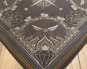 Hella Sacred™ Diamond Lotus Bandanna 100% Cotton Handmade Hand Stitched Screen Printed Black Gold Cream Teal Silver Purple