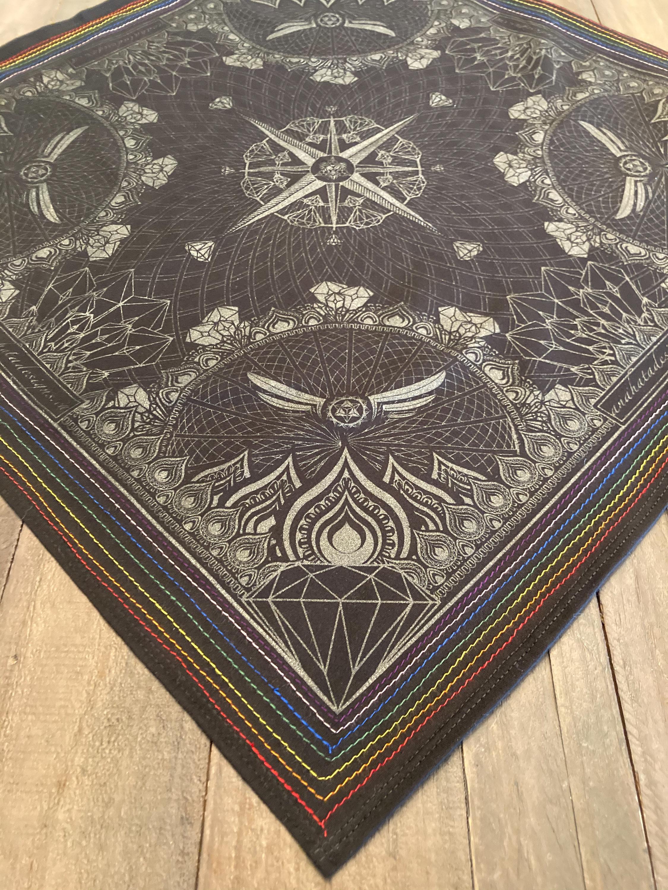 Hella Sacred Diamond Lotus Bandanna 100% Cotton Handmade Hand Stitched Screen Printed Black Gold Cream Teal Silver Purple