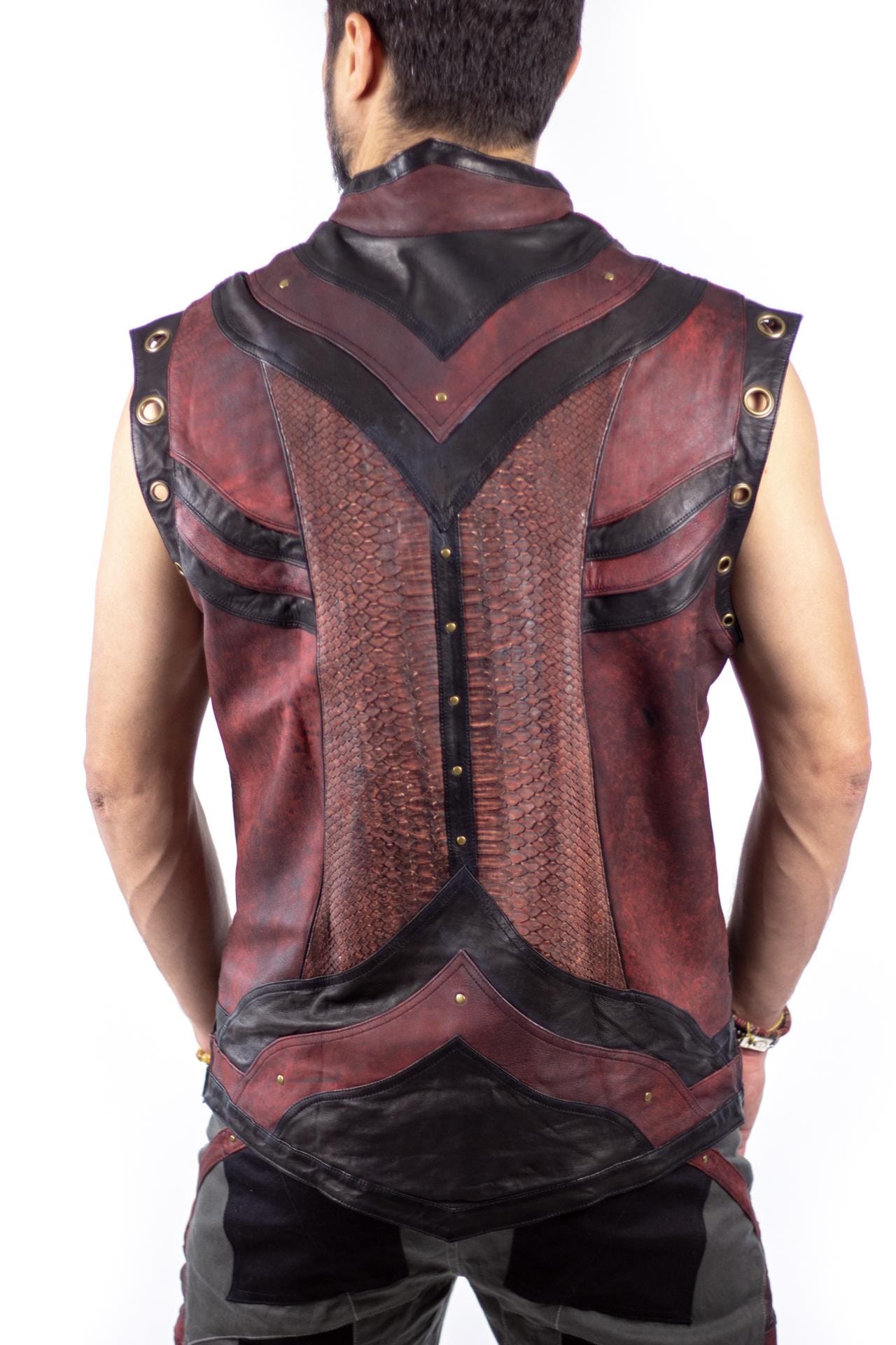 Taurid Leather and Python Men's Vest Soft Vajra Print Lining