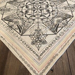 Hella Sacred™ Gem Tessaract Bandanna, handmade, super soft, hand stitched, festival wear, cream with black print
