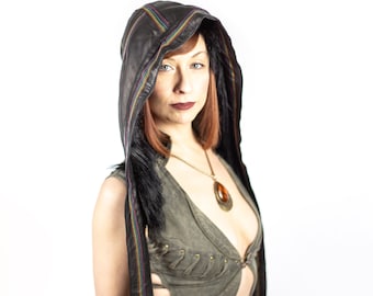 Rainbow Leather Jedi Unisex Hood Embroidered Faux Fur Lined Black Cream Red One Size