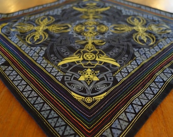 Hella Sacred™ Third Eye Vajra Bandanna, handmade, hand stitched, festival wear, black, silver, gold
