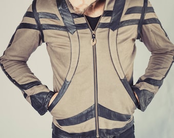 Taurid Men's Stretch Denim Twill and Leather Jacket Removable Sleeves Handmade Black Grey Brown S-XL