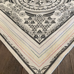 Hella Sacred™ OG bandana, handmade, hand stitched, festival wear, cream with black