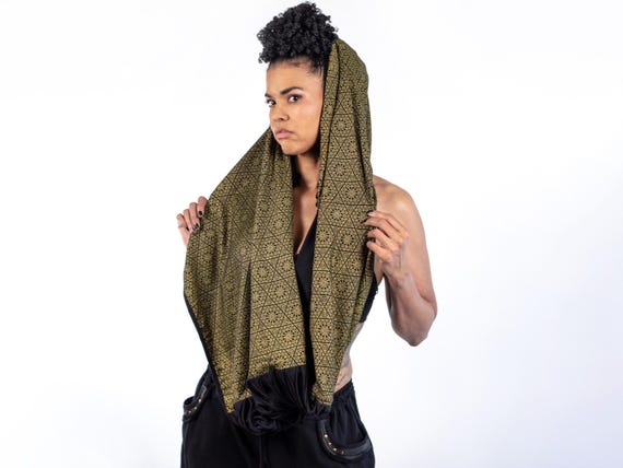 Infinobi Unisex Wrap Shawl Dust Mask Infinity Scarf Headwrap Stretch Fabric Screen Printed Handmade Black Gold Cream Wine Gun Metal Blue