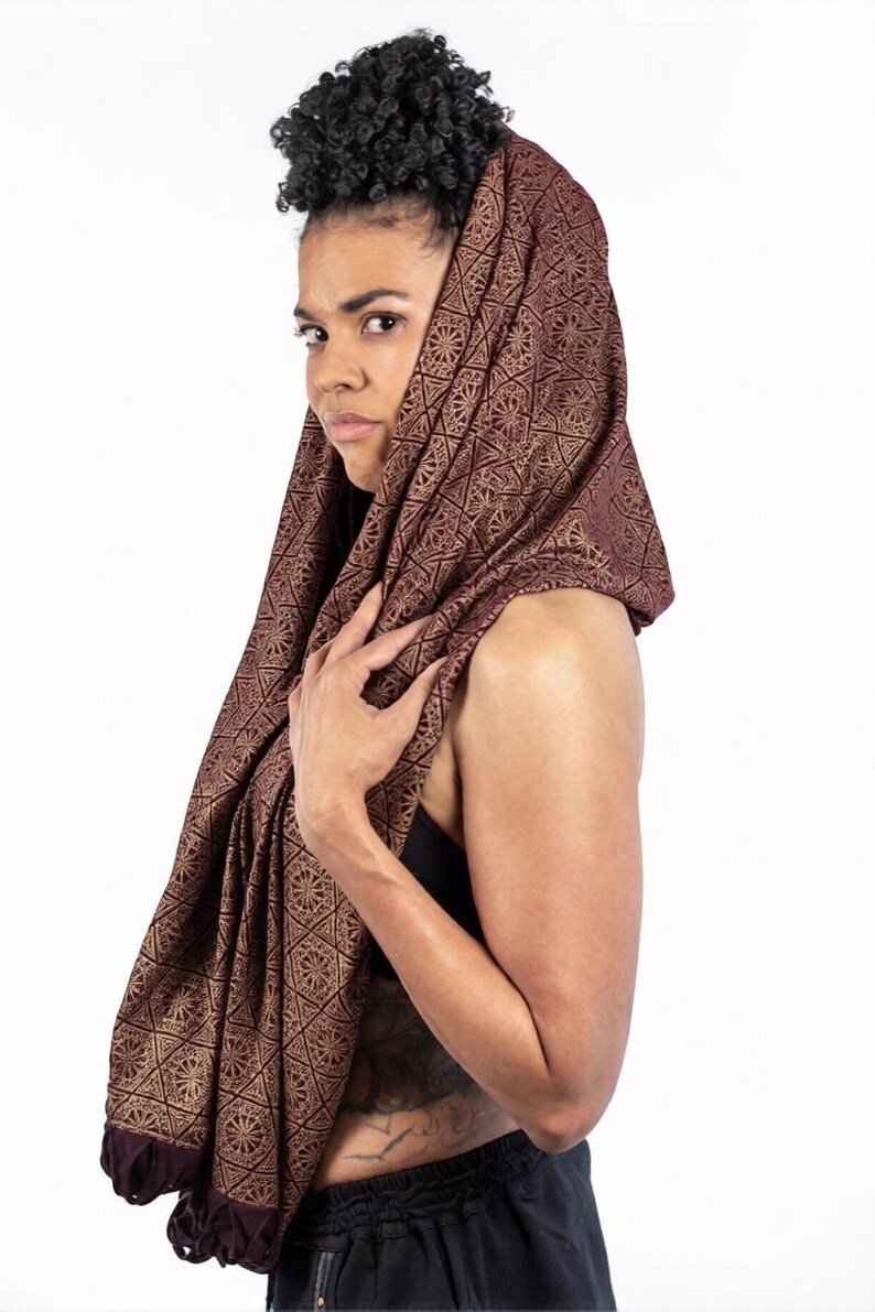 Infinobi Unisex Wrap Shawl Dust Mask Infinity Scarf Headwrap Stretch Fabric Screen Printed Handmade Black Gold Cream Wine Gun Metal Blue Wine with Gold Print