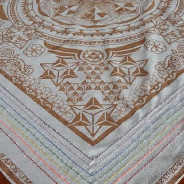 Hella Sacred™ OG bandana, handmade, hand stitched, festival wear, cream, silver, gold
