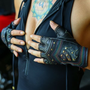 Rainbow Warrior fingerless Leather Gloves- Unisex | festival wear | handmade | costume | black | brass