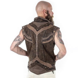 Taurid stretch Denim and Leather Vest | festival fashion | mens leather vest | superhero armor