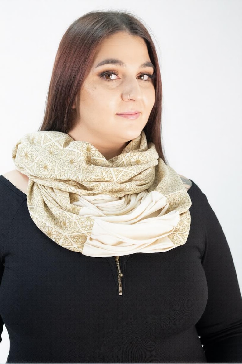 Infinobi Unisex Wrap Shawl Dust Mask Infinity Scarf Headwrap Stretch Fabric Screen Printed Handmade Black Gold Cream Wine Gun Metal Blue Cream with Gold Print
