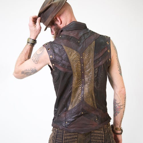 Taurid Leather and Python Men's Vest Soft Vajra Print Lining