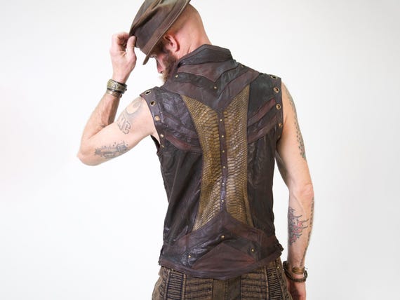 Taurid Leather and Python Men's Vest Soft Vajra Print Lining