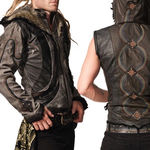 Men's Rainbow leather Serpent vest Jacket- versatile| burning man| festival wear| chakra| rainbow| hood| faux fur|