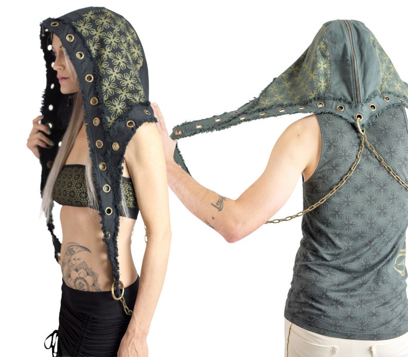 Jedi Hood Vajra Print Organic cotton one size fits all handmade festival wear chain image 1