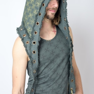 Jedi Hood Vajra Print Organic cotton one size fits all handmade festival wear chain Grey/Green