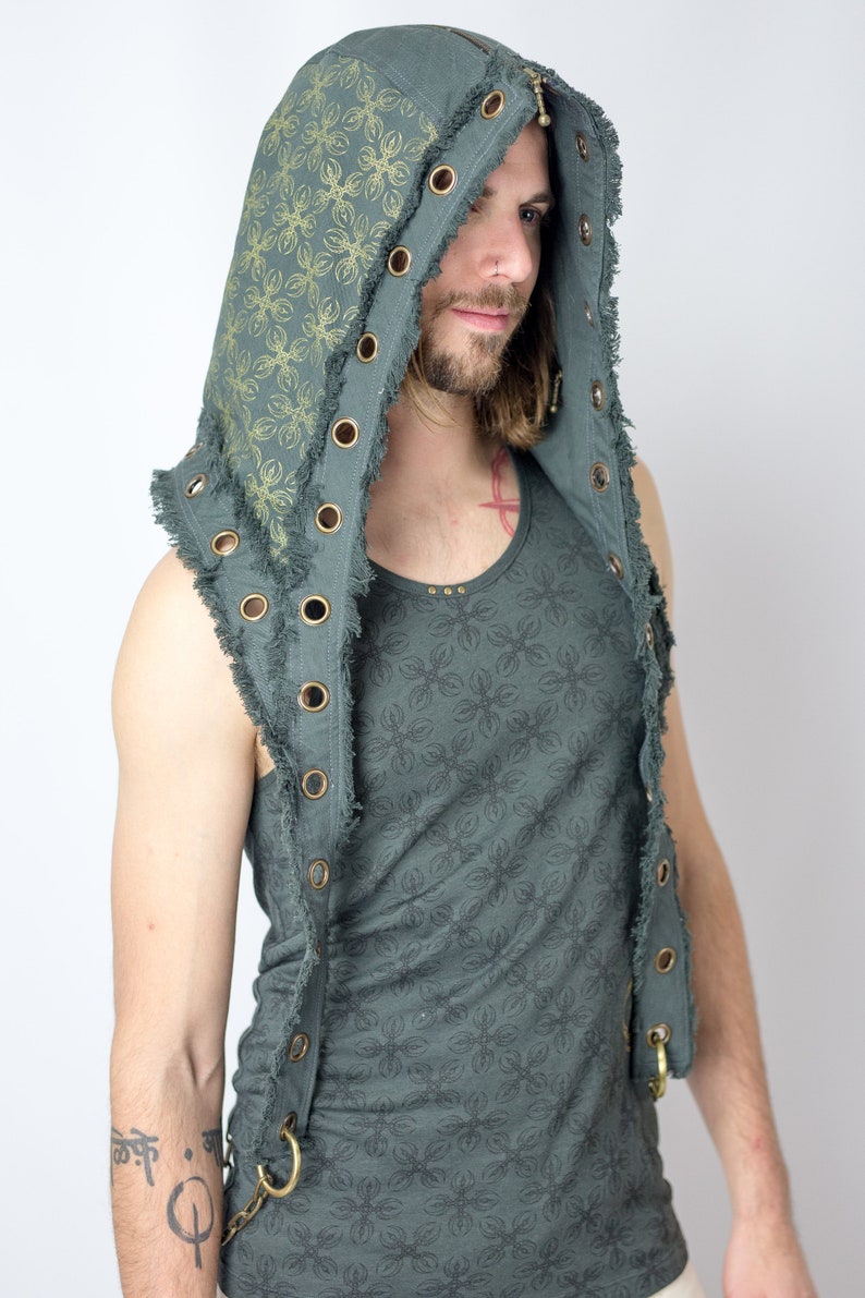 Jedi Hood Vajra Print Organic cotton one size fits all handmade festival wear chain Grey/Green