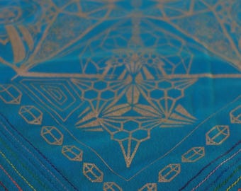 Hella Sacred™ Gem Tessaract Bandanna 100% Cotton Handmade Hand Stitched Screen Printed Black Gold Cream Teal Silver Purple