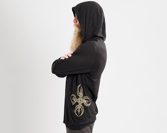 Vajra Longsleeve Men's Hooded Shirt Organic Cotton Screen Printed Handmade Black Grey Chocolate Cream S-XL