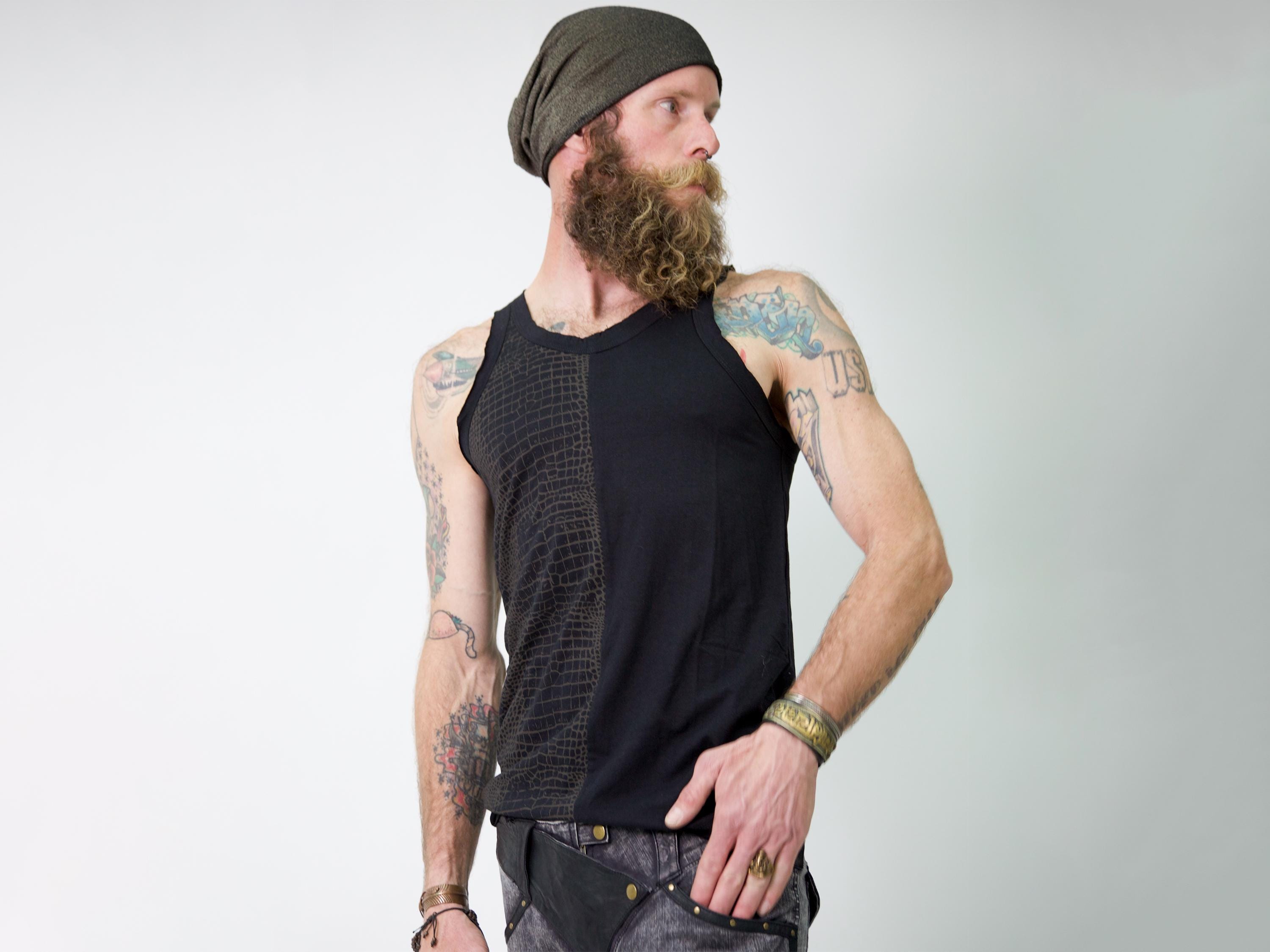 Croc Printed Men's Tank Top Organic Cotton Bamboo Handmade Black Grey Cream Chocolate S-XL