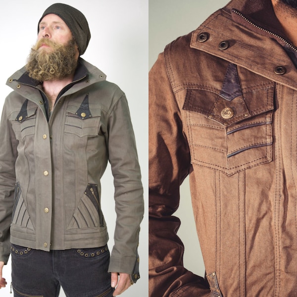 Mens Alloy Denim Leather Jacket- handmade| festival wear| biker jacket| brown| motorcycle jacket| biker jacket| mad max| burning man