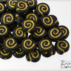Czech Glass Nautilus Shell Beads  - Black matte with gold etching, 20 pcs (6450)