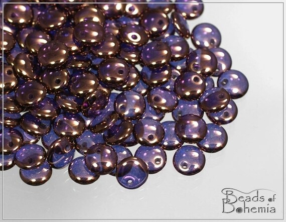 50 Lentils Czech Two Hole Met Amethyst Luster Glass Beads Czech Beads