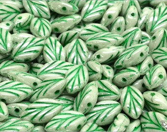 20 Pcs Czech Glass Beech Leaf Beads 11x7 mm, Chalk Green Luster Green Wash (12164)