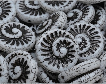 4 pcs Opaque White Black Wash Czech Glass Fossil Shell, Nautilus, Ammonite Beads 18x18 mm (12293)