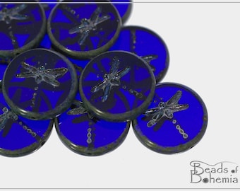 4 pcs Transparent Dark Cobalt Picasso Czech Glass Table Cut Dragonfly Coin Bead 17 mm (9225)