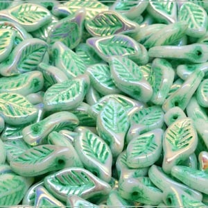20 Pcs Chalk AB Full Mint Wash Czech Glass Bay Leaf Beads 12x6 mm (13140)