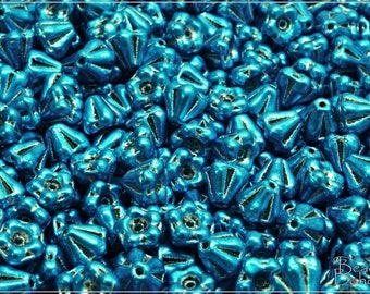 25 pcs Metallics Aquamarine Czech Bell Flower Beads 6x4 mm (12842)