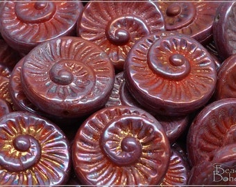 4 pcs Opaque Red Nebula Czech Glass Fossil Shell, Nautilus, Ammonite Beads 18x18 mm (13505)